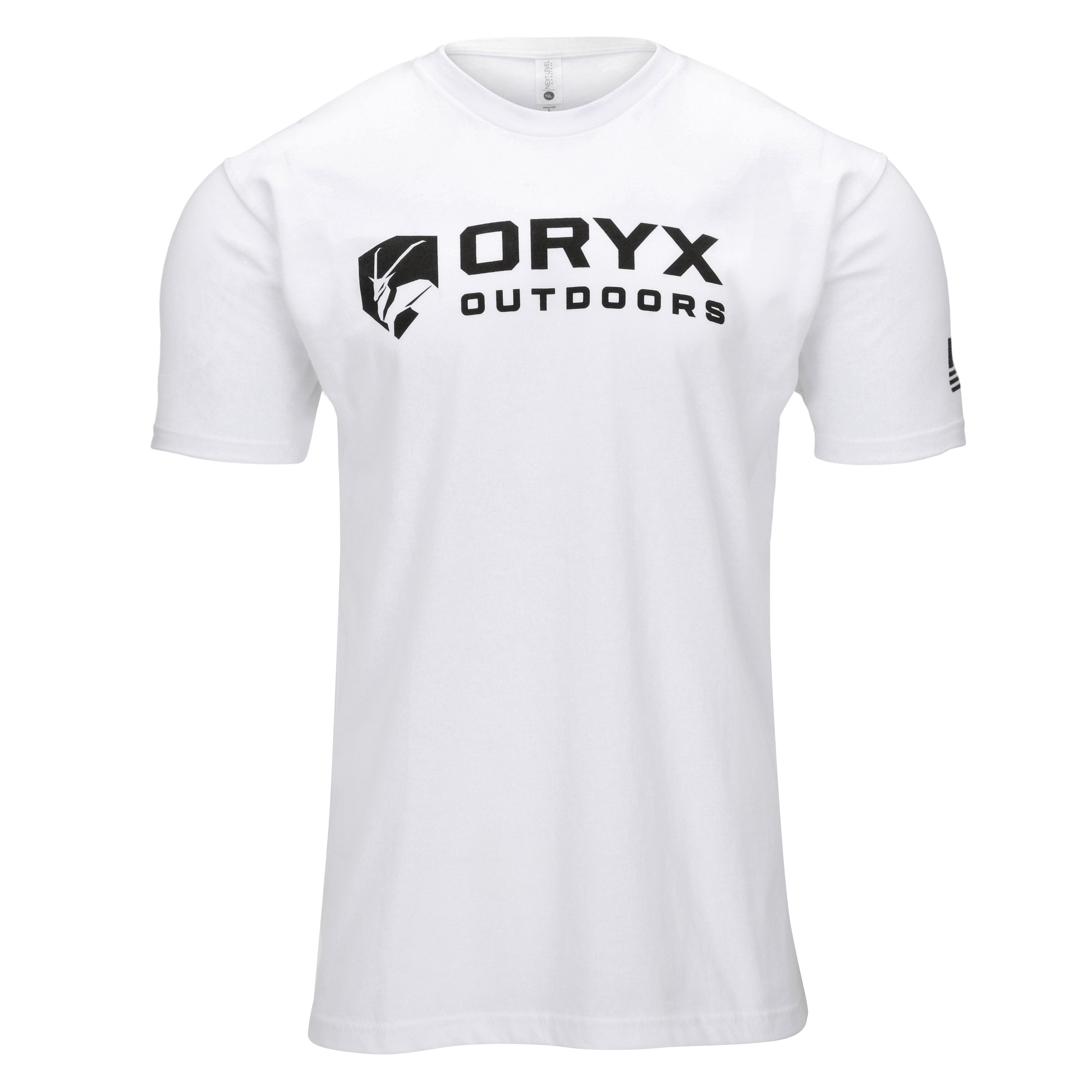 Image of a plain white men's t-shirt with the brand name and logo for "Oryx Outdoors" on the front.