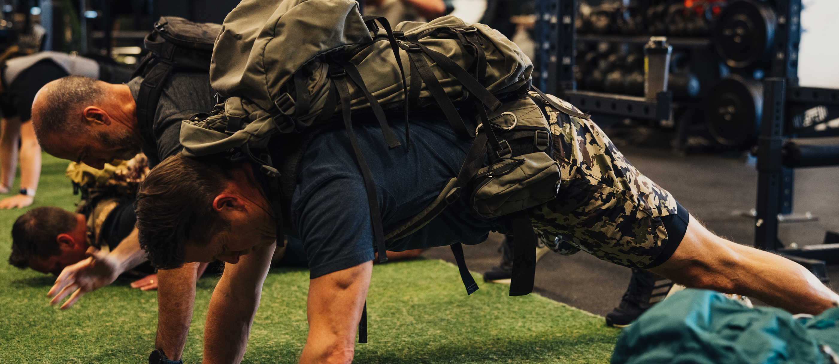 Weighted pushup workout in Oryx camo gym shorts